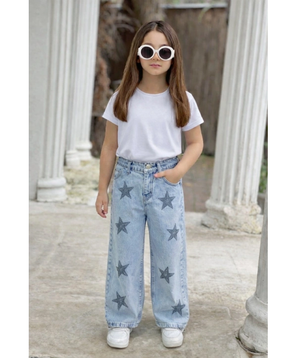 KIZ ÇOCUK TAŞLI YILDIZLI KOT PANTOLON (JEANS-DENİM)-BAYRAMLIK