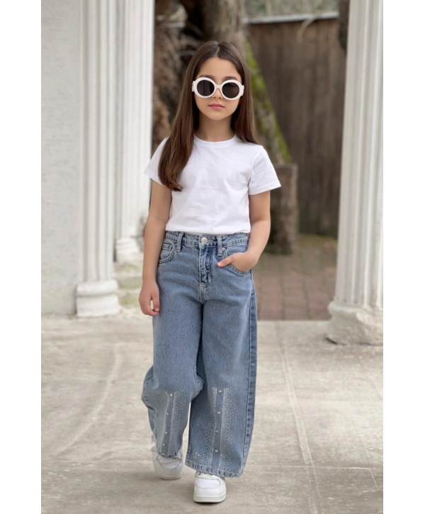 KIZ ÇOCUK BÜYÜK TAŞLI KOT PANTOLON (JEANS-DENİM)-BAYRAMLIK