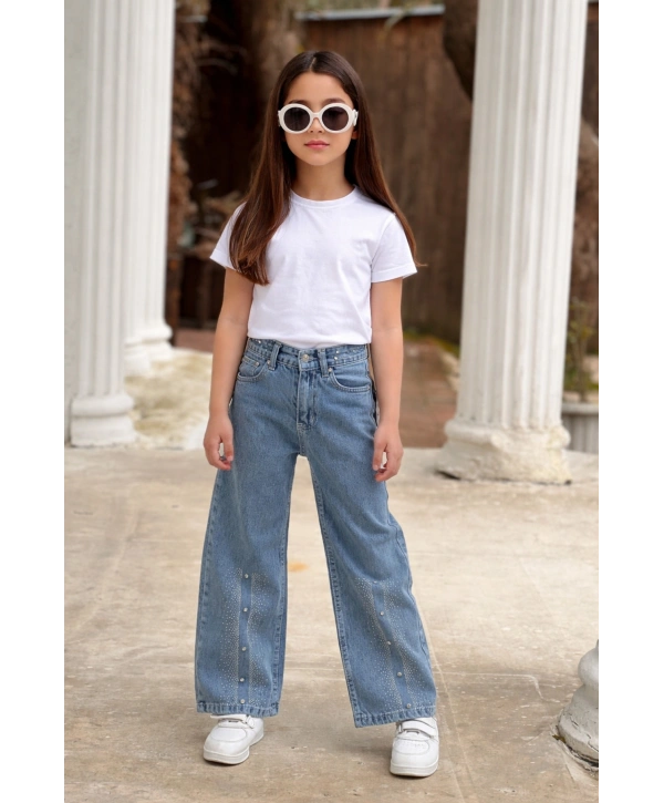 KIZ ÇOCUK BÜYÜK TAŞLI KOT PANTOLON (JEANS-DENİM)-BAYRAMLIK