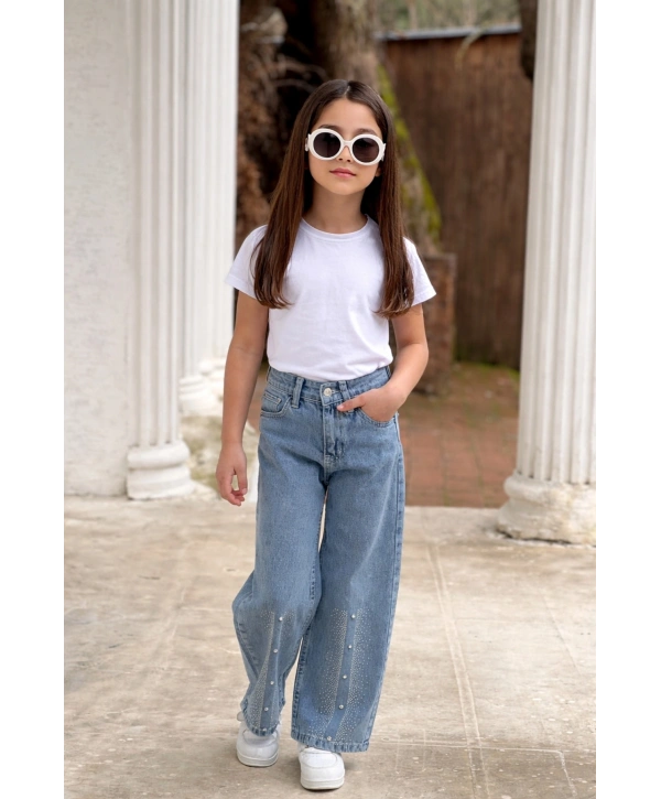 KIZ ÇOCUK BÜYÜK TAŞLI KOT PANTOLON (JEANS-DENİM)-BAYRAMLIK