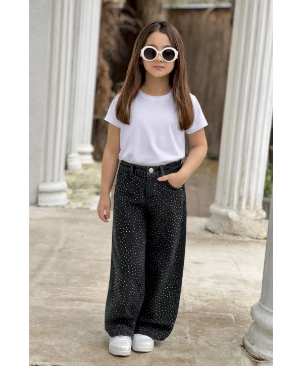 KIZ ÇOCUK SİYAH KOMPLE TAŞLI BOL PAÇA KOT PANTOLON (JEANS-DENİM)-BAYRAMLIK