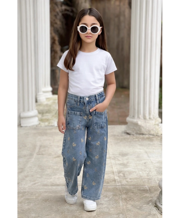 KIZ ÇOCUK KALPLİ NAKIŞLI BOL PAÇA MAVİ KOT PANTOLON (JEANS-DENİM)-BAYRAMLIK