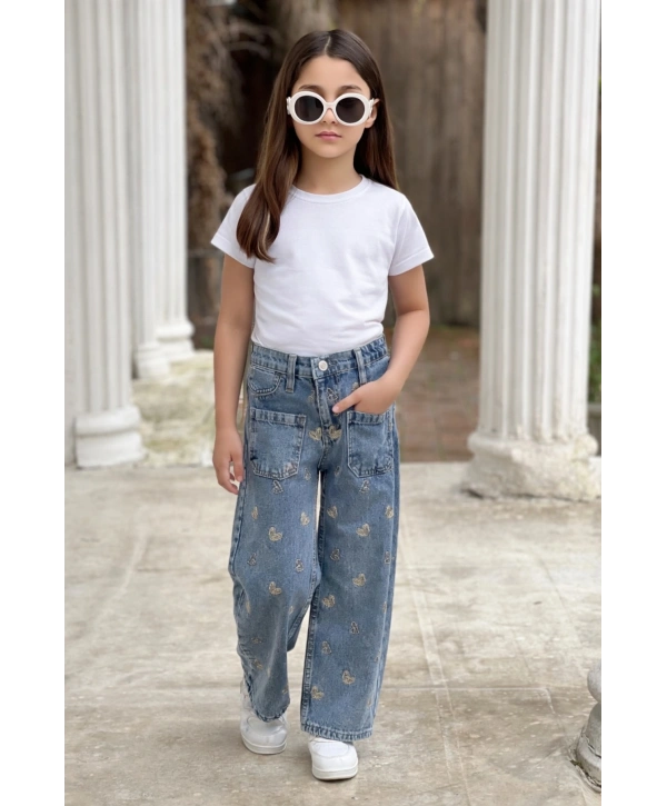 KIZ ÇOCUK KALPLİ NAKIŞLI BOL PAÇA MAVİ KOT PANTOLON (JEANS-DENİM)-BAYRAMLIK