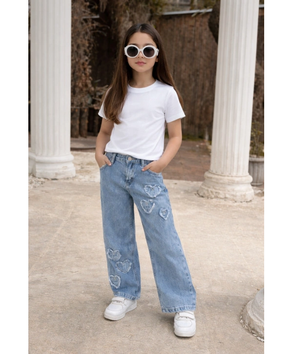 KIZ ÇOCUK KALPLİ ESKİTMELİ BOL PAÇA MAVİ KOT PANTOLON (JEANS-DENİM)-BAYRAMLIK