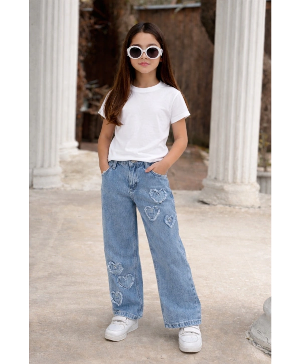 KIZ ÇOCUK KALPLİ ESKİTMELİ BOL PAÇA MAVİ KOT PANTOLON (JEANS-DENİM)-BAYRAMLIK