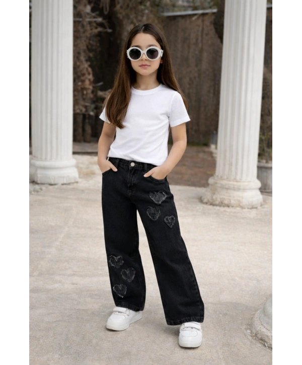 KIZ ÇOCUK KALPLİ ESKİTMELİ BOL PAÇA SİYAH KOT PANTOLON (JEANS-DENİM)-BAYRAMLIK
