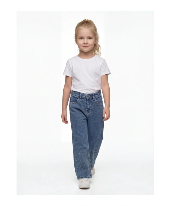 KIZ ÇOCUK PAÇALARI TAŞLI MAVİ KOT PANTOLON (JEANS-DENİM)-BAYRAMLIK