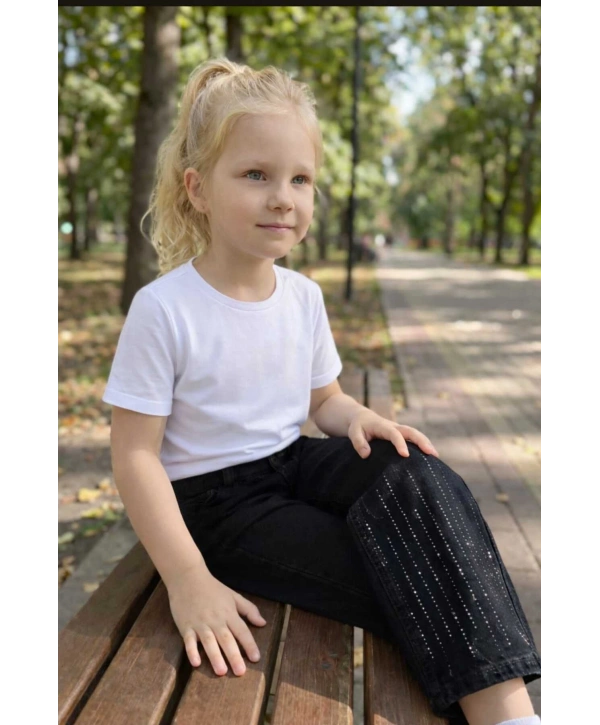 KIZ ÇOCUK PAÇALARI TAŞLI SİYAH KOT PANTOLON (JEANS-DENİM)-BAYRAMLIK