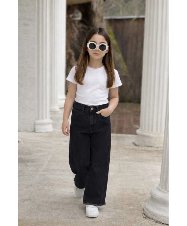 KIZ ÇOCUK ESKİTME BOL PAÇA SİYAH KOT PANTOLON (JEANS-DENİM)-BAYRAMLIK