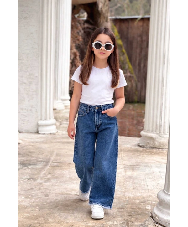 KIZ ÇOCUK ESKİTME BOL PAÇA MAVİ KOT PANTOLON (JEANS-DENİM)-BAYRAMLIK