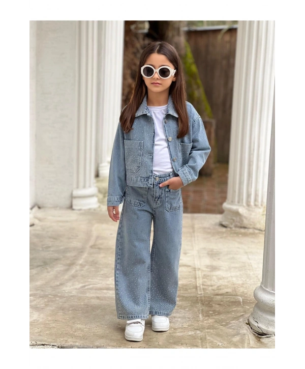 KIZ ÇOCUK YAKASI TAŞLI MAVİ KOT PANTOLON VE KOT CEKET TAKIM-BAYRAMLIK