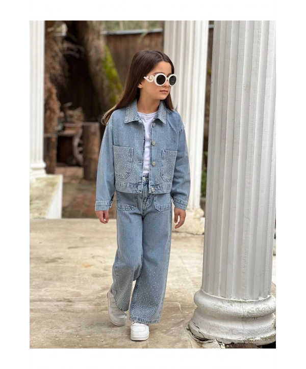 KIZ ÇOCUK YAKASI TAŞLI MAVİ KOT PANTOLON VE KOT CEKET TAKIM-BAYRAMLIK