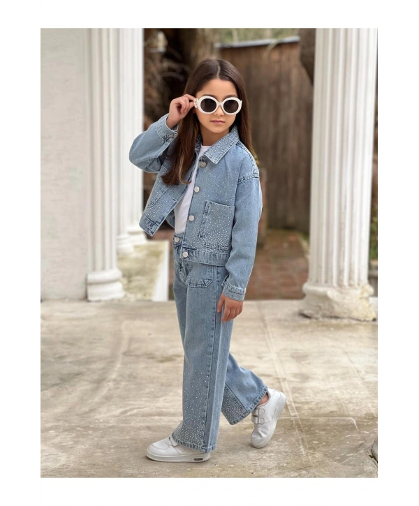 KIZ ÇOCUK YAKASI TAŞLI MAVİ KOT PANTOLON VE KOT CEKET TAKIM-BAYRAMLIK