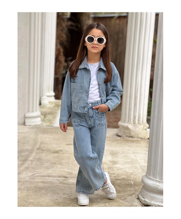 KIZ ÇOCUK YAKASI TAŞLI MAVİ KOT PANTOLON VE KOT CEKET TAKIM-BAYRAMLIK