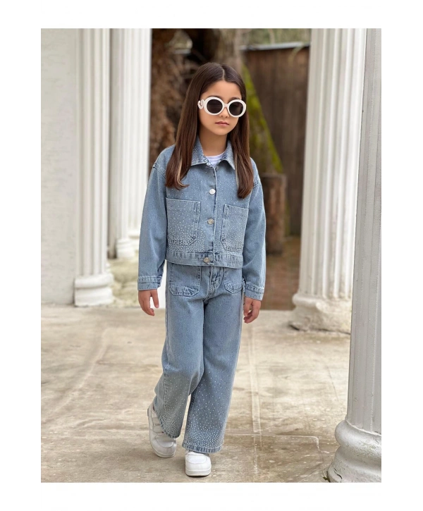 KIZ ÇOCUK YAKASI TAŞLI MAVİ KOT PANTOLON VE KOT CEKET TAKIM-BAYRAMLIK