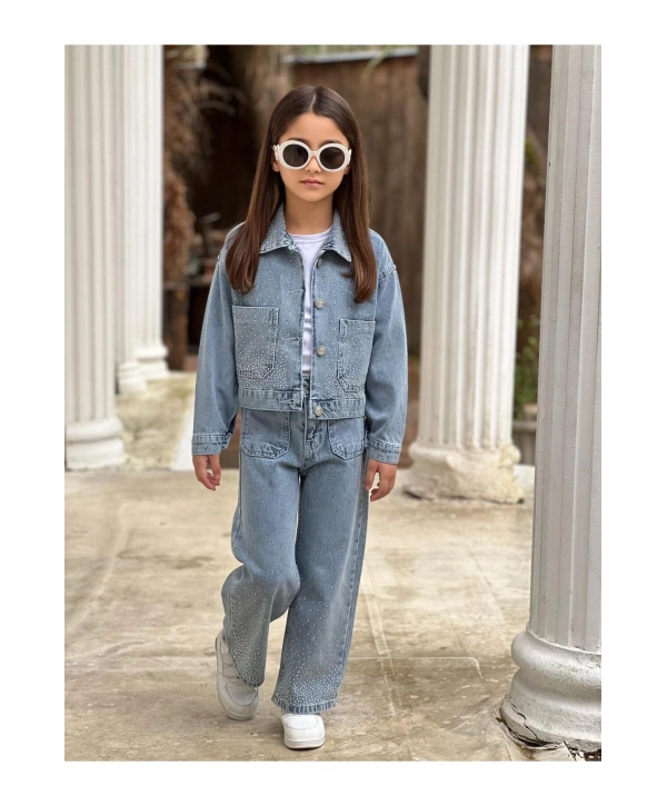 KIZ ÇOCUK YAKASI TAŞLI MAVİ KOT PANTOLON VE KOT CEKET TAKIM-BAYRAMLIK