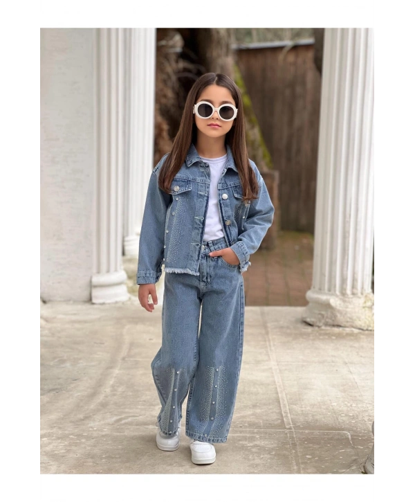 KIZ ÇOCUK BÜYÜK TAŞLI MAVİ KOT PANTOLON VE KOT CEKET TAKIM-BAYRAMLIK