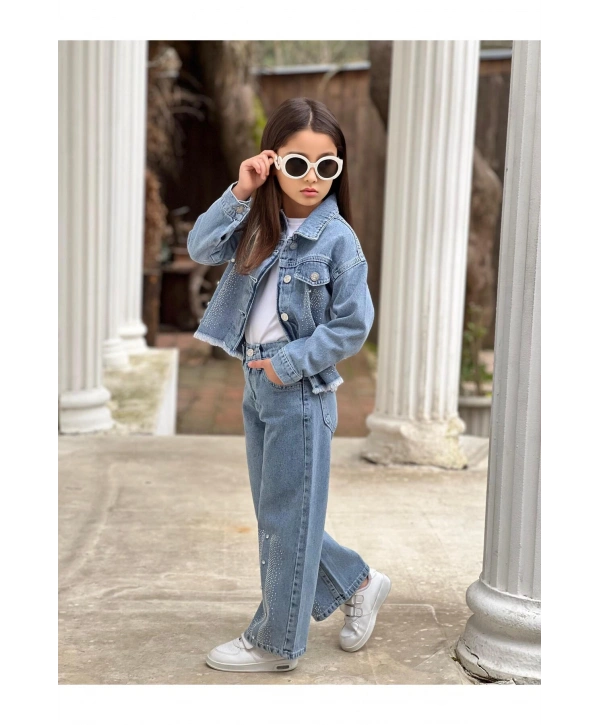 KIZ ÇOCUK BÜYÜK TAŞLI MAVİ KOT PANTOLON VE KOT CEKET TAKIM-BAYRAMLIK