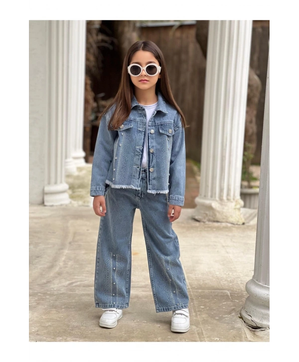 KIZ ÇOCUK BÜYÜK TAŞLI MAVİ KOT PANTOLON VE KOT CEKET TAKIM-BAYRAMLIK