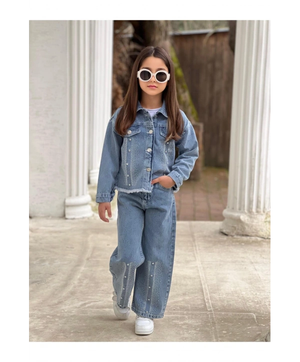 KIZ ÇOCUK BÜYÜK TAŞLI MAVİ KOT PANTOLON VE KOT CEKET TAKIM-BAYRAMLIK