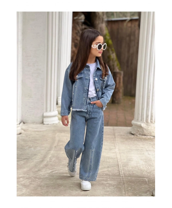 KIZ ÇOCUK BÜYÜK TAŞLI MAVİ KOT PANTOLON VE KOT CEKET TAKIM-BAYRAMLIK