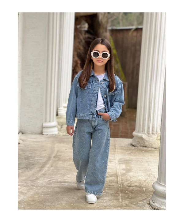 KIZ ÇOCUK KOMPLE TAŞLI MAVİ KOT PANTOLON VE KOT CEKET TAKIM-BAYRAMLIK