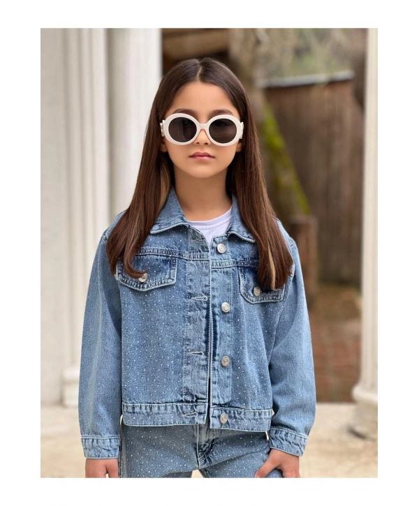 KIZ ÇOCUK KOMPLE TAŞLI MAVİ KOT PANTOLON VE KOT CEKET TAKIM-BAYRAMLIK