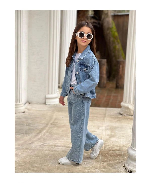 KIZ ÇOCUK KOMPLE TAŞLI MAVİ KOT PANTOLON VE KOT CEKET TAKIM-BAYRAMLIK