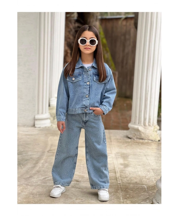 KIZ ÇOCUK KOMPLE TAŞLI MAVİ KOT PANTOLON VE KOT CEKET TAKIM-BAYRAMLIK