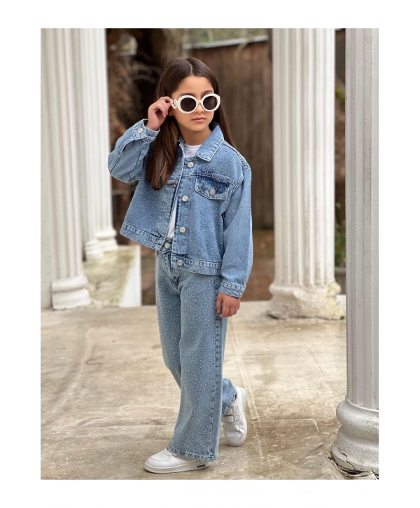 KIZ ÇOCUK KOMPLE TAŞLI MAVİ KOT PANTOLON VE KOT CEKET TAKIM-BAYRAMLIK