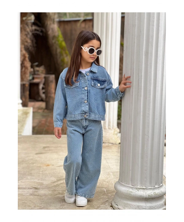 KIZ ÇOCUK KOMPLE TAŞLI MAVİ KOT PANTOLON VE KOT CEKET TAKIM-BAYRAMLIK