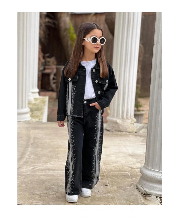 KIZ ÇOCUK ŞERİTLİ TAŞLI SİYAH KOT PANTOLON VE KOT CEKET TAKIM-BAYRAMLIK