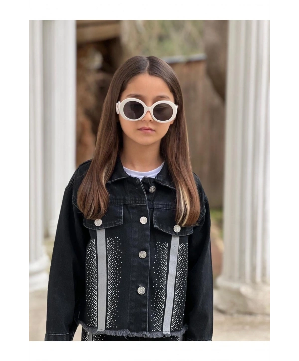 KIZ ÇOCUK ŞERİTLİ TAŞLI SİYAH KOT PANTOLON VE KOT CEKET TAKIM-BAYRAMLIK