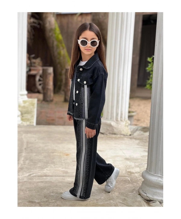 KIZ ÇOCUK ŞERİTLİ TAŞLI SİYAH KOT PANTOLON VE KOT CEKET TAKIM-BAYRAMLIK