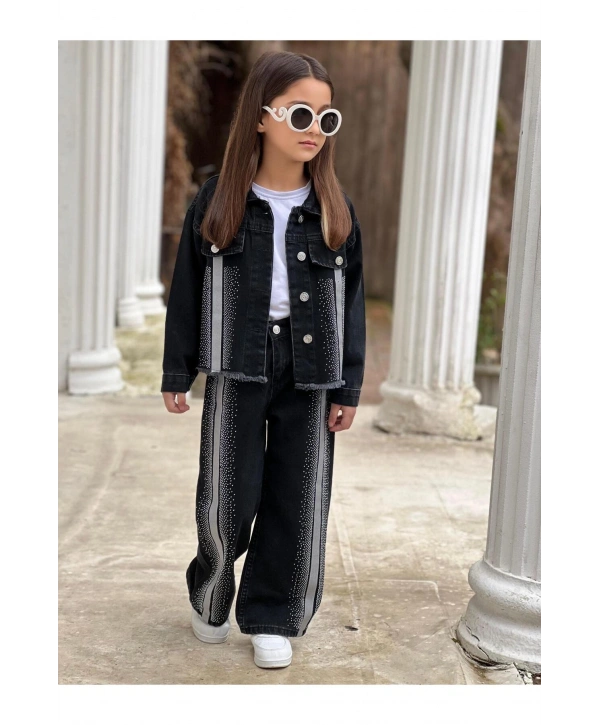 KIZ ÇOCUK ŞERİTLİ TAŞLI SİYAH KOT PANTOLON VE KOT CEKET TAKIM-BAYRAMLIK