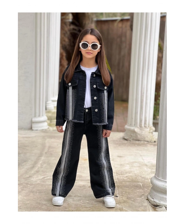 KIZ ÇOCUK ŞERİTLİ TAŞLI SİYAH KOT PANTOLON VE KOT CEKET TAKIM-BAYRAMLIK