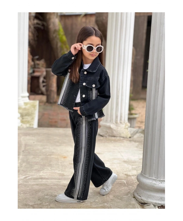 KIZ ÇOCUK ŞERİTLİ TAŞLI SİYAH KOT PANTOLON VE KOT CEKET TAKIM-BAYRAMLIK