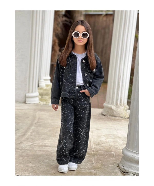 KIZ ÇOCUK TAŞLI SİYAH KOT PANTOLON VE KOT CEKET TAKIM-BAYRAMLIK