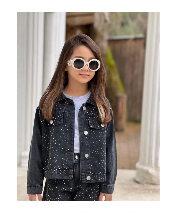 KIZ ÇOCUK TAŞLI SİYAH KOT PANTOLON VE KOT CEKET TAKIM-BAYRAMLIK