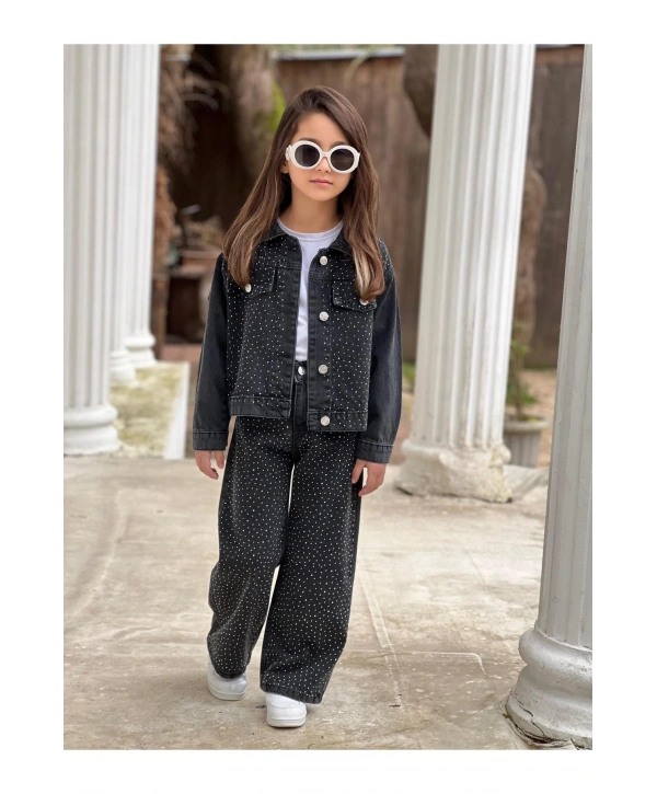 KIZ ÇOCUK TAŞLI SİYAH KOT PANTOLON VE KOT CEKET TAKIM-BAYRAMLIK