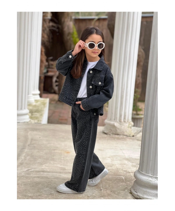 KIZ ÇOCUK TAŞLI SİYAH KOT PANTOLON VE KOT CEKET TAKIM-BAYRAMLIK