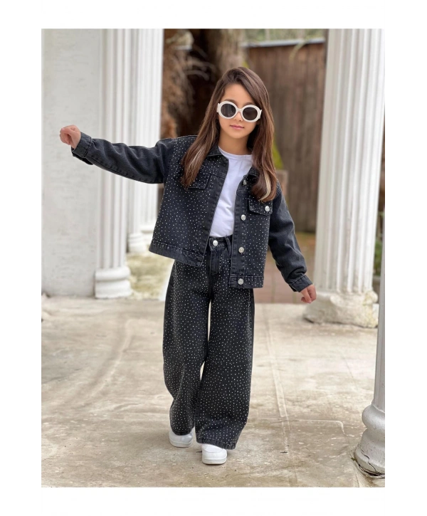 KIZ ÇOCUK TAŞLI SİYAH KOT PANTOLON VE KOT CEKET TAKIM-BAYRAMLIK