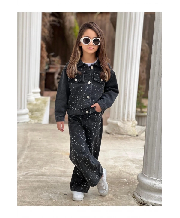 KIZ ÇOCUK TAŞLI SİYAH KOT PANTOLON VE KOT CEKET TAKIM-BAYRAMLIK