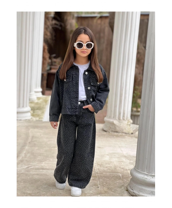 KIZ ÇOCUK TAŞLI SİYAH KOT PANTOLON VE KOT CEKET TAKIM-BAYRAMLIK