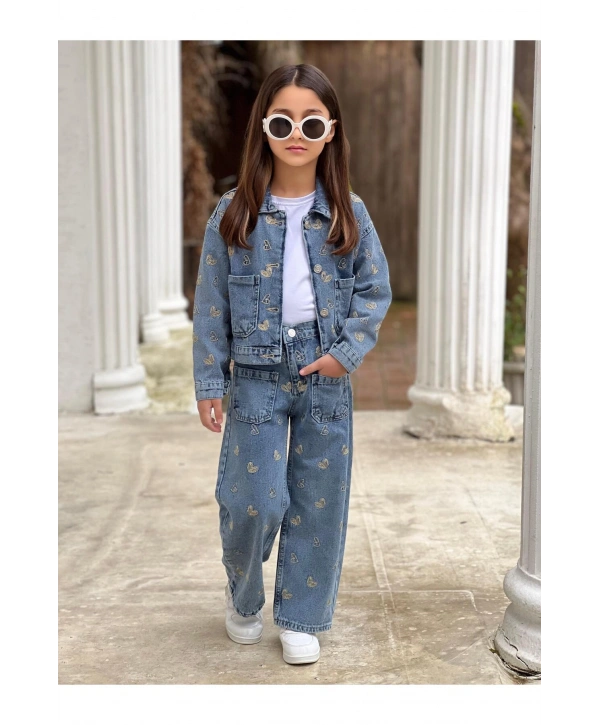 KIZ ÇOCUK NAKIŞLI MAVİ KOT PANTOLON VE KOT CEKET TAKIM-BAYRAMLIK