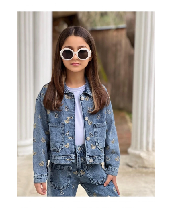 KIZ ÇOCUK NAKIŞLI MAVİ KOT PANTOLON VE KOT CEKET TAKIM-BAYRAMLIK