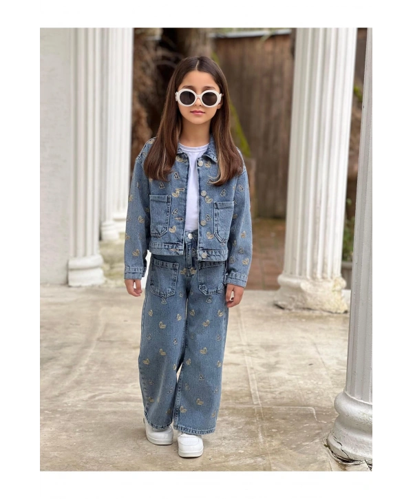 KIZ ÇOCUK NAKIŞLI MAVİ KOT PANTOLON VE KOT CEKET TAKIM-BAYRAMLIK