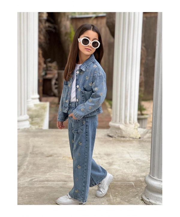 KIZ ÇOCUK NAKIŞLI MAVİ KOT PANTOLON VE KOT CEKET TAKIM-BAYRAMLIK