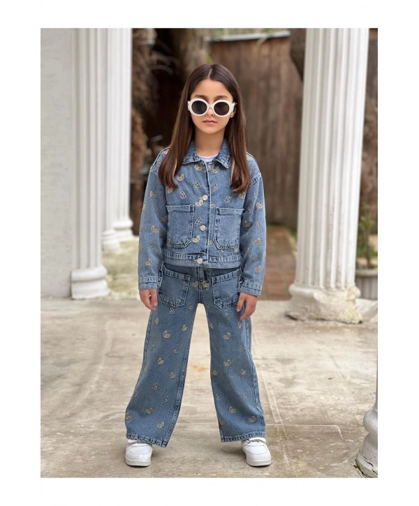 KIZ ÇOCUK NAKIŞLI MAVİ KOT PANTOLON VE KOT CEKET TAKIM-BAYRAMLIK