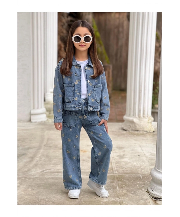 KIZ ÇOCUK NAKIŞLI MAVİ KOT PANTOLON VE KOT CEKET TAKIM-BAYRAMLIK